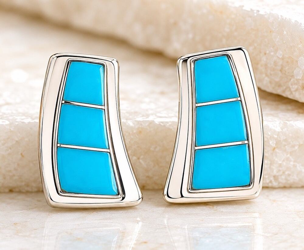Vintage Turquoise Inlay Sterling Silver Stud Earrings Zuni Signed Southwest Blue
